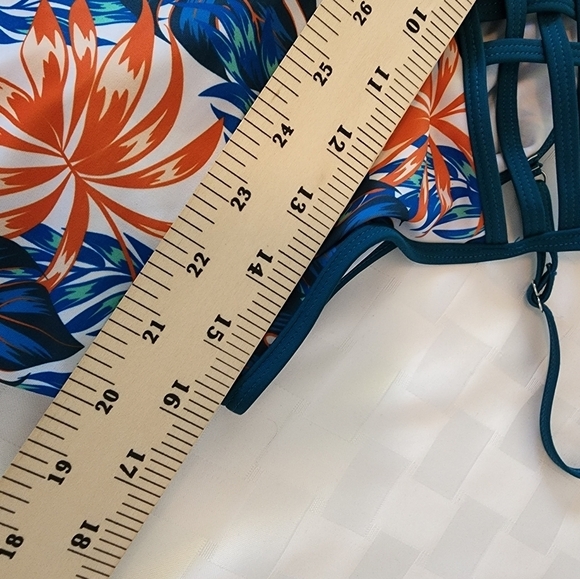 Teal  Tropical Floral Print V - Neck Padded Bra Tankini Women's Swim Top Size L - Picture 4 of 5